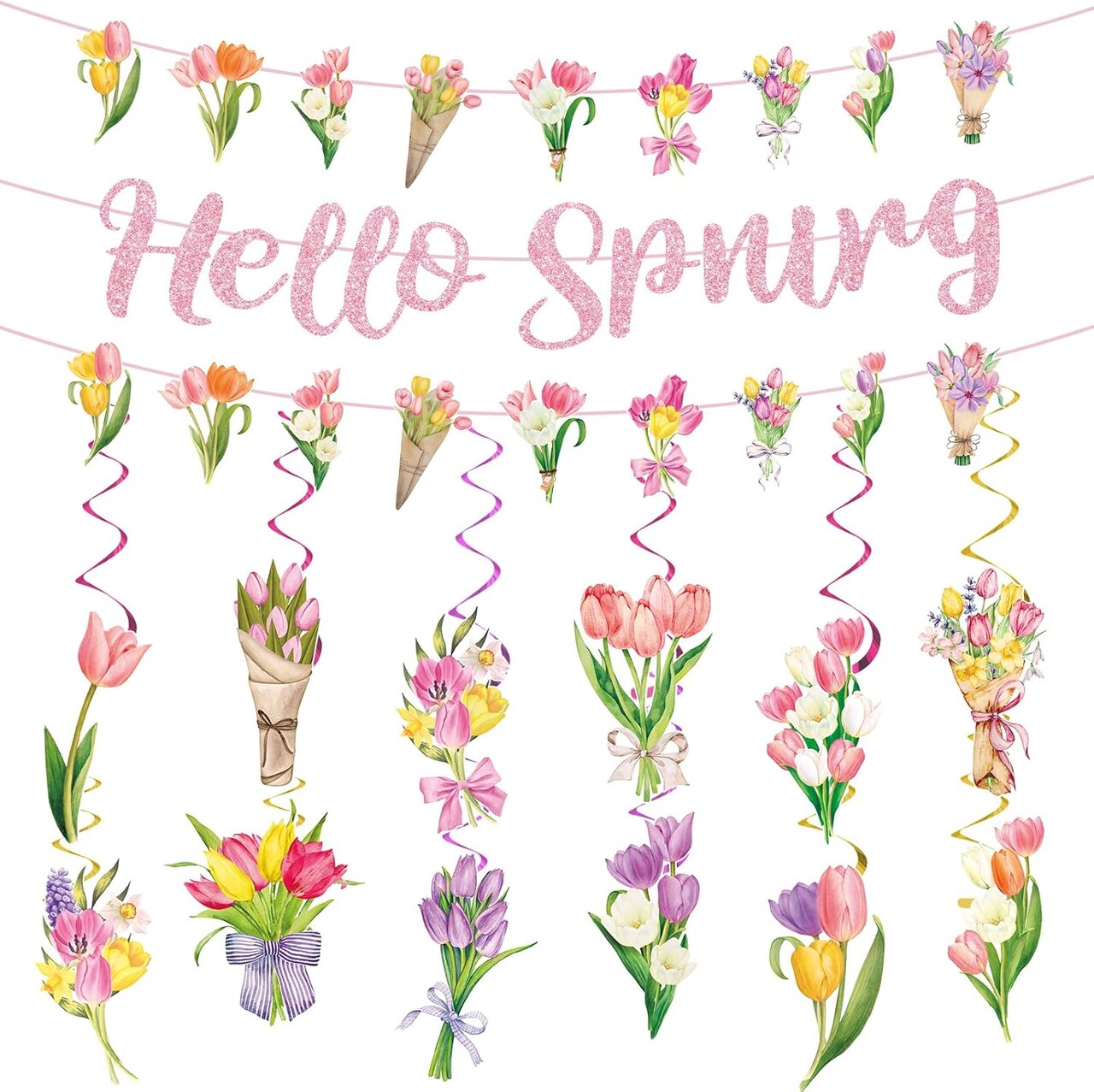 Spring Party Decorations, Hello Spring Hanging Swirls Sign Watercolor Tulip Flower Party Banner for Spring Summer Easter Baby Shower Home Office Classroom Decor